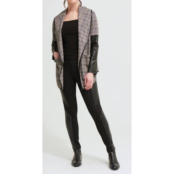 Joseph Ribkoff Black Multi Plaid Faux Leather Sleeve Open Cardigan CoverUp - Picture 1 of 11